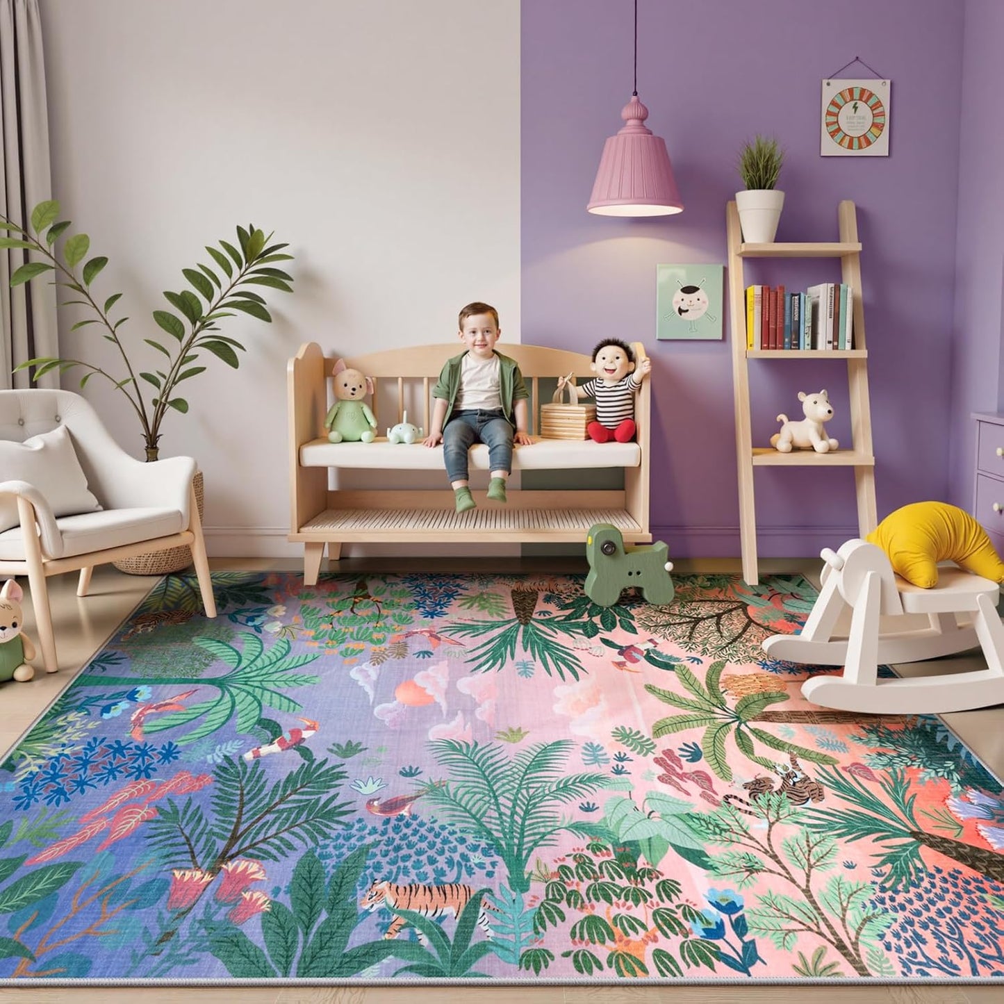 LIVEBOX Washable 6x9 Rug for Living Room, Soft Jungle Animal Print Rugs for Bedroom Aesthetic, Non Slip Purple Boho Rug Botanical Kids Rugs for Bedroom Girls,Stain Resistant Kid Rug for Playroom
