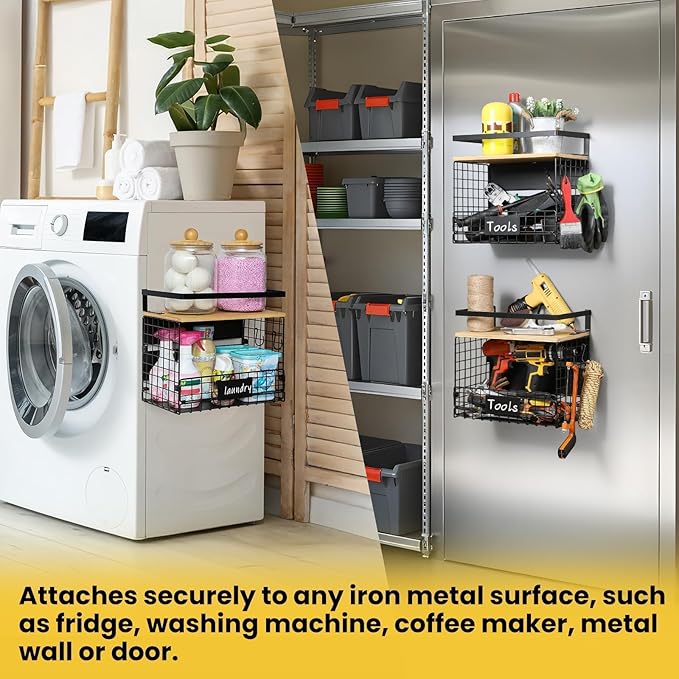 [WIDER Shelf]2 SET Strong Magnetic Shelf Basket for Fridge with Tag & Bamboo Top, XXL Large Magnetic Spice Rack Shelves for Side of Refrigerator, Kitchen Pantry Storage Organizer for Food Fruit Veg