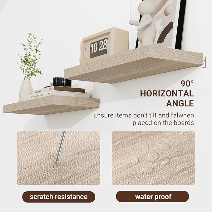 16 Inch Floating Shelves, 3D Textured Wood Grain, 16"x9.25"x1.5" Inch Deep Floating Shelves for Wall, Wooden Shelves for Bathroom, Bedroom, Living Room, Vintage White Oak