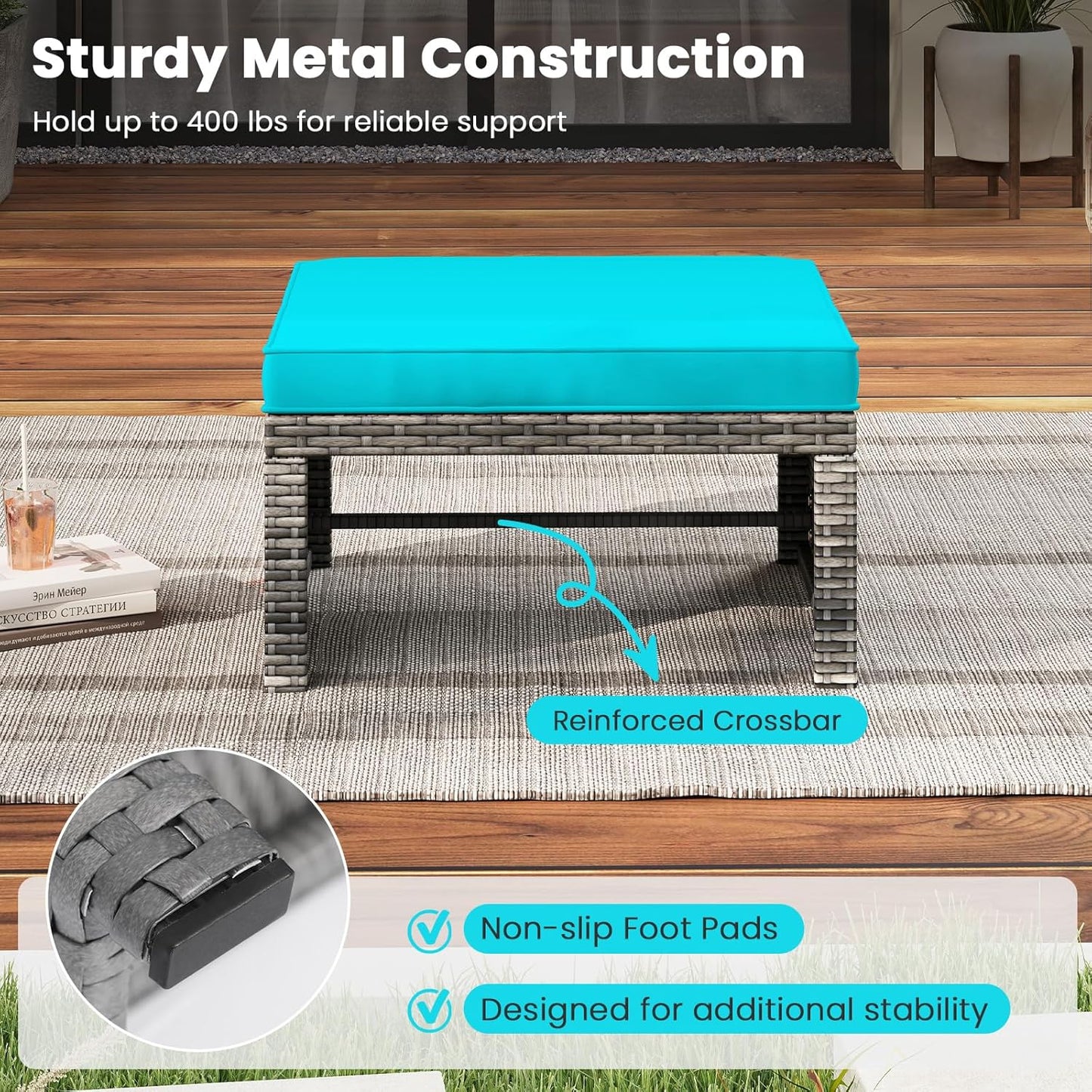 Tangkula 2 Pieces Patio PE Rattan Ottomans, Multipurpose Outdoor Footstool Footrest Additional Seating Side Table with Soft Zippered Cushions for Deck, Garden, and Yard (Turquoise)