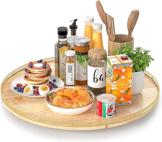 24 Inch Extra Large Lazy Susan Turntable - Premium Solid Oak Wood & Iron | Rustic Farmhouse Rotating Tray for Dining Table, Kitchen Countertop, Centerpiece Decor | Smooth 360° Spin | Durable & Stylish