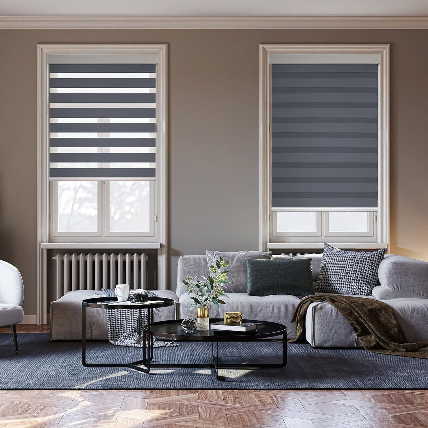 HESTIA Cordless Zebra Blinds Light Filtering Roller Shades UV Blocking Blackout Privacy Indoor Window Blind for Home Office Day and Night, Blue Grey,45" W x 48" H