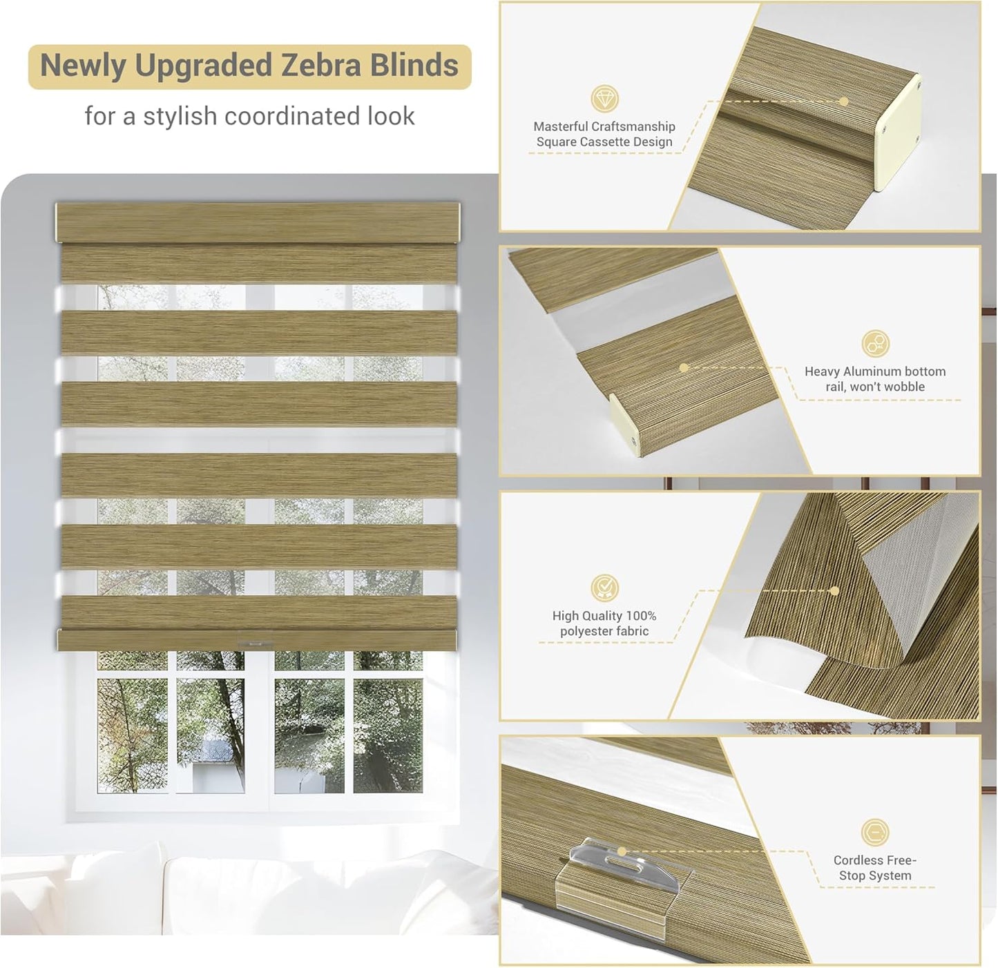 Cordless Zebra Blinds for Windows, Blackout Interior Blinds,Easy to Install,UV Protection,for Offices and Home,Custom Roller Shades, Mousse Light Bown,32" W x 88" H