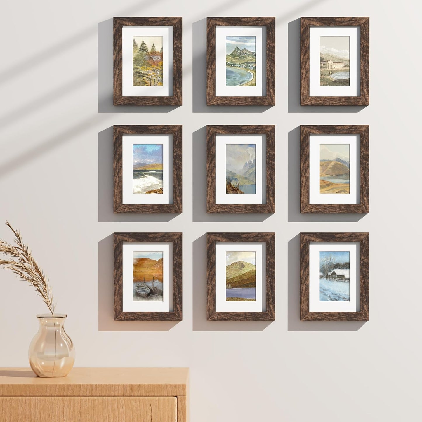 Vittanly 6x8 Picture Frames Set of 9, Shatter Resistant Plexiglass, Display 4x6 Pictures with Mat or 6x8 without Mat, Photo Frames for Wall or Tabletop, Engineered Wood, Brown