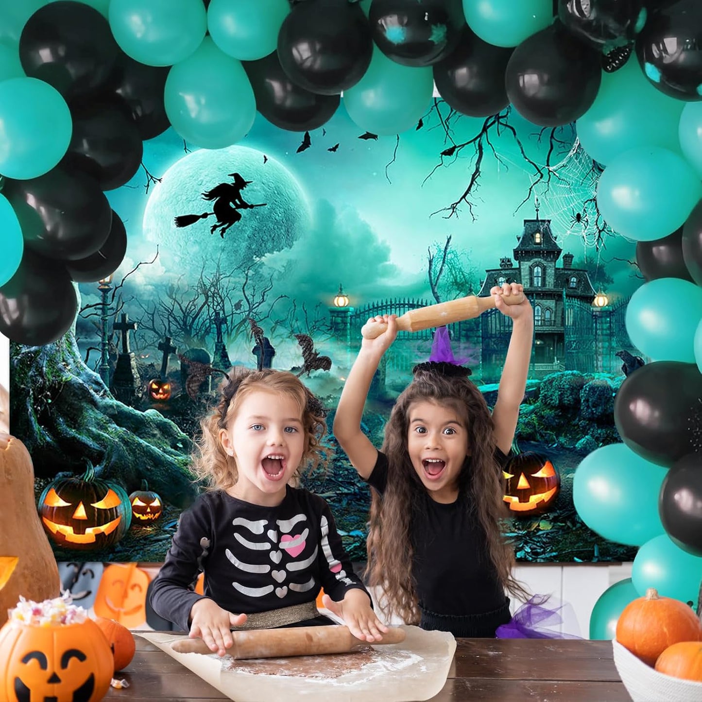 Avezano Halloween Photography Backdrop Full Moon Scary Night Castle Pumpkins Party Background Spooky Witch Bats Cemetery Child Kids Halloween Party Decorations Photoshoot Backdrops (8x6ft, Green)