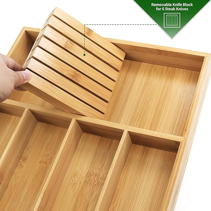 VaeFae Bamboo Silverware Organizer (Non-expandable), Utensil Holder for Drawer, Wooden Cutlery Tray with Divider for Kitchen Drawer, Utensil Organizer with Knife Block
