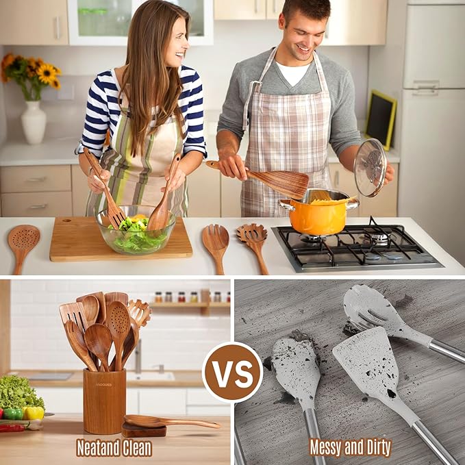 Wooden Spoons for Cooking, 12PCS Teak Wooden Kitchen Utensil Set with Spoon Rest - Smooth Finish, Non-Stick, Comfortable Grip, Heat Resistant Cooking Utensils Set