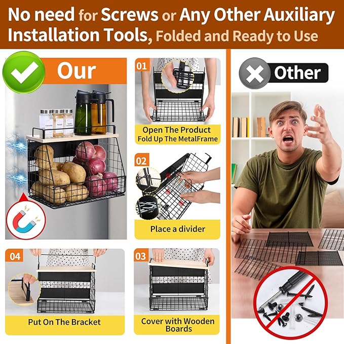 Large Magnetic Shelf for Fridge, Fruit and Vegetable Storage Wire Basket, Potato And Onion Storage Bin for Kitchen Organizers, Magnetic Spice Rack for Refrigerator, Kitchen Counter, RV and Laundry