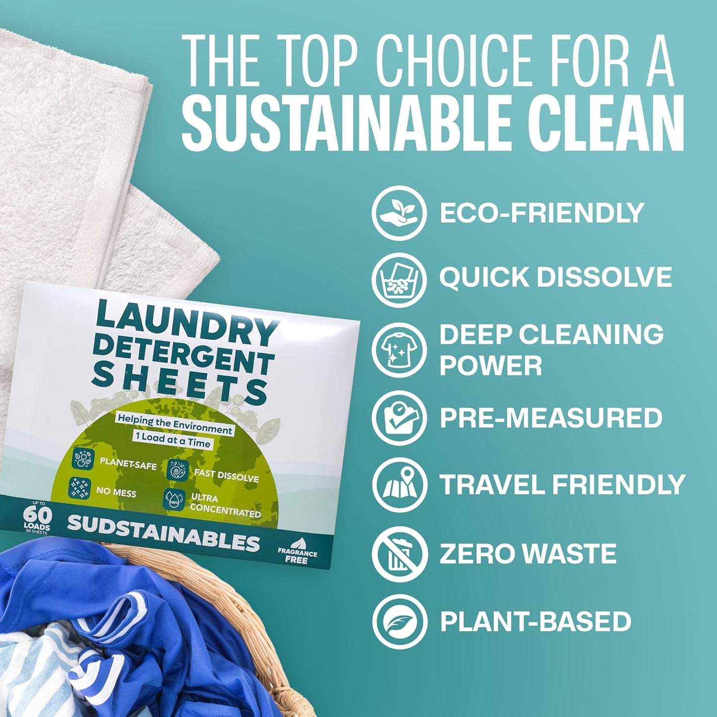 Sudstainables Laundry Detergent Sheets (60 Loads) – Eco-Friendly, Zero Waste, Plastic-Free Laundry Washing Machines Soap Sheets; Dissolvable, Space-Saving Strips for Travel (Unscented)