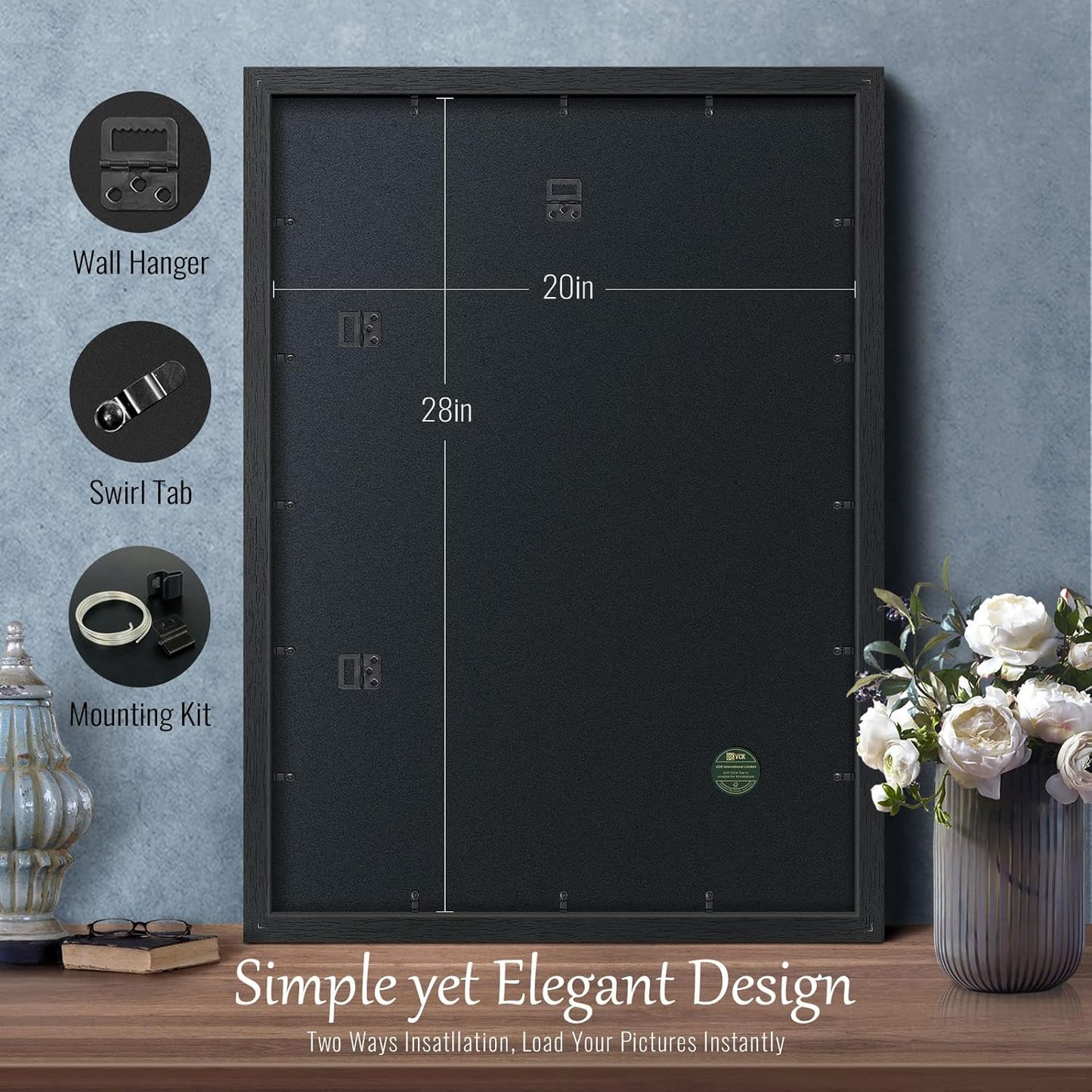 VCK 20x28 Poster Frame Set of 3 - Black, Textured Exclusive Solid Wood Picture Frames, Wall Hanging