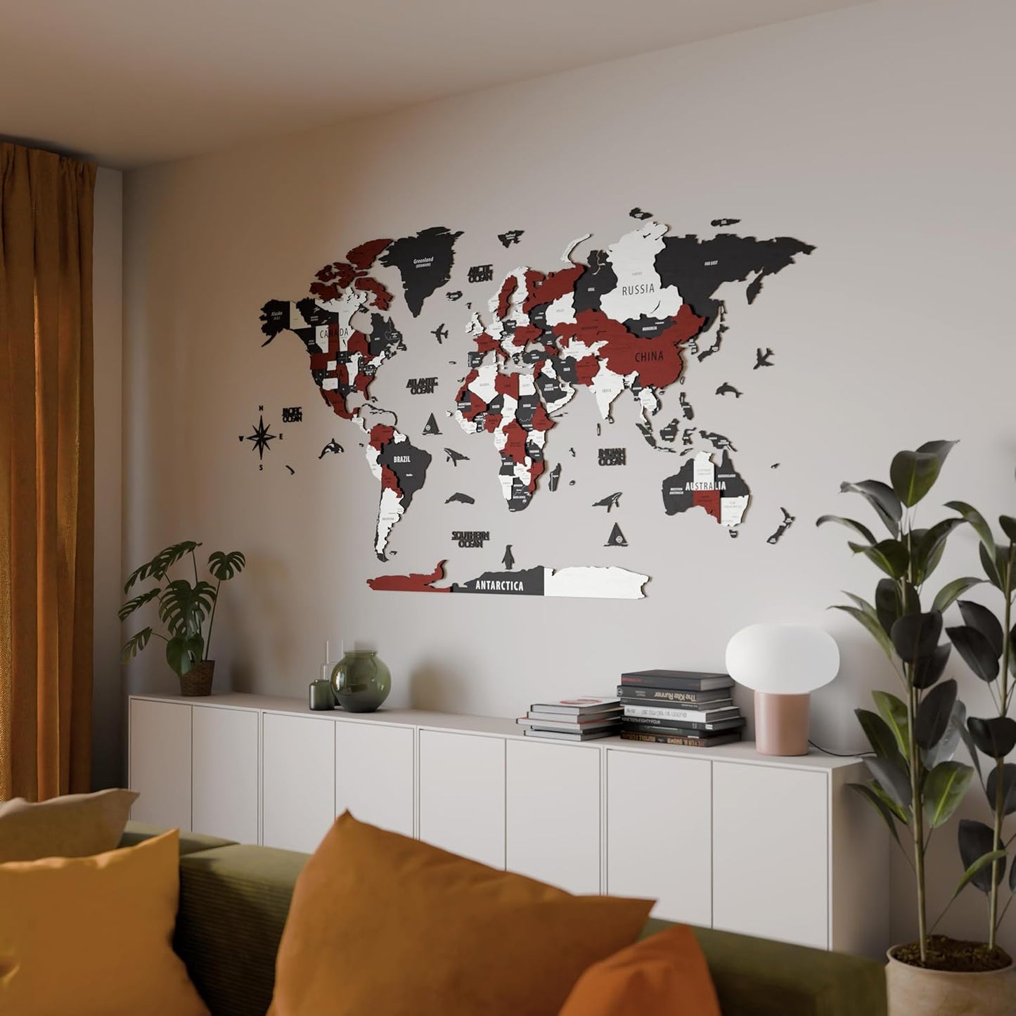 Colorfull Worlds 3D Wooden World Map Wall Art | Unique Wall Decor with Pins for Travel Enthusiasts | Home and Office Wall Décor | Burgundy | Medium