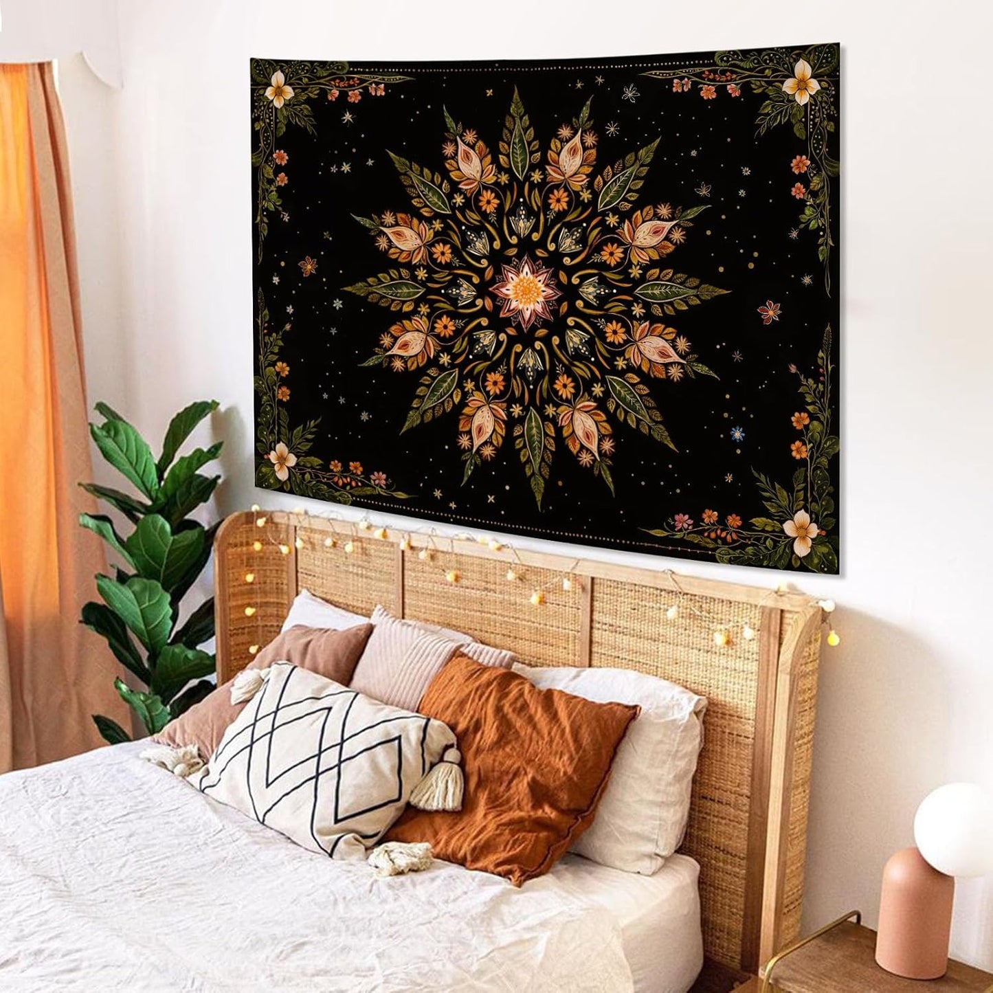 Fowocu Boho Floral Mandala Tapestry for Bedroom Aesthetic Vintage Bohemian Flower Wall Tapestry Black Green Hippie Indian Small Tapestries Wall Hanging for Living Room Dorm Decor 48 x 36 Inch