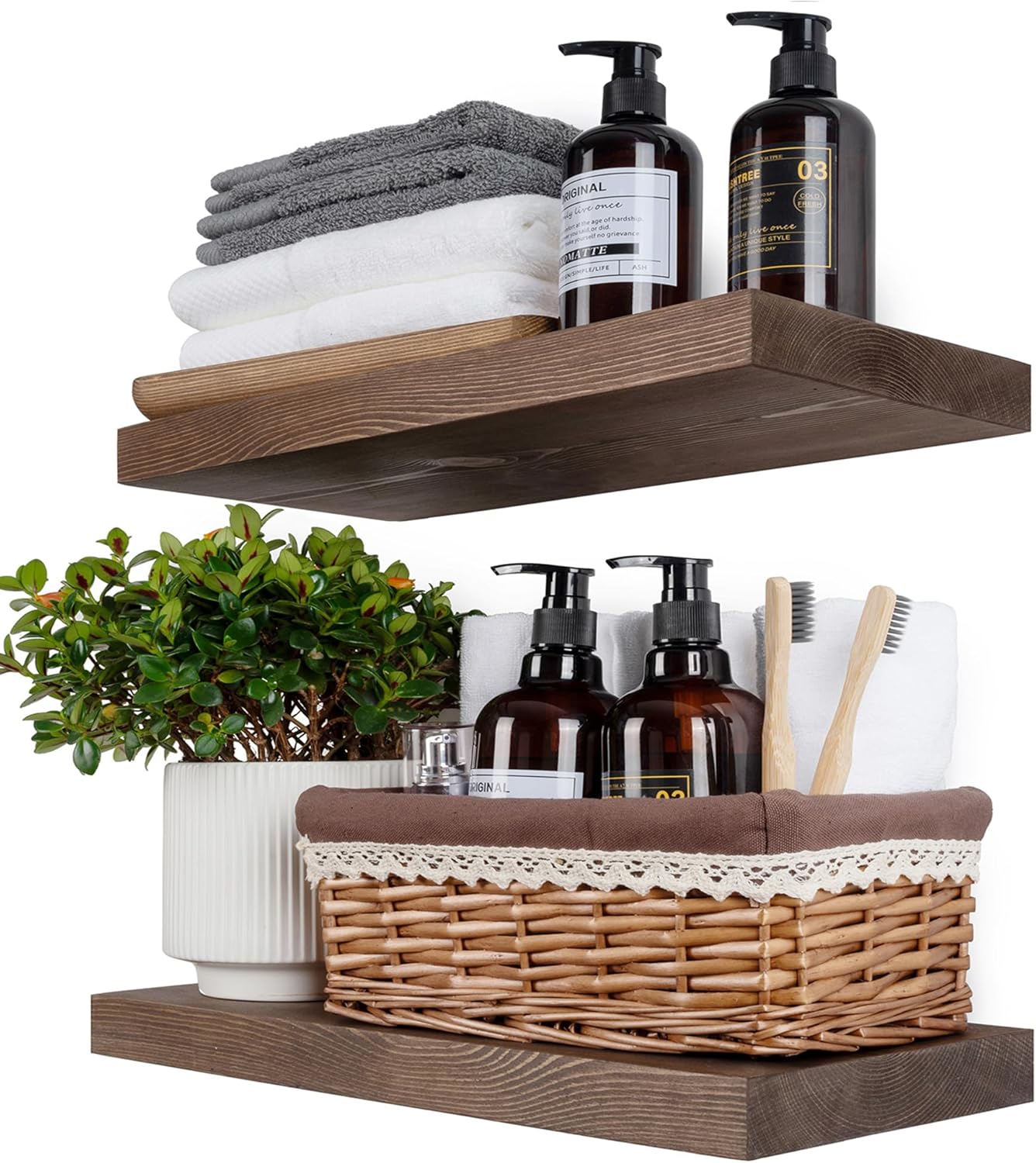 BGMG Wood Floating Shelves for Wall 18 inch Set of 2, Rustic Wooden Wall Mount Shelves for Bathroom Living Room Bedroom Kitchen Farmhouse Set of 2-18x 6.7 x1.25 inch- Walnut Color