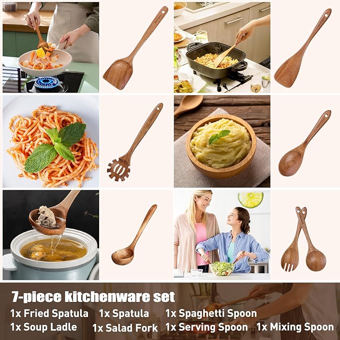 Wooden Utensil Set,WOTTISH 7Pcs Nonstick Wood Spatula,Wooden Kitchen Utensils Set Non Toxic,Wooden Spoons for Cooking（A07）