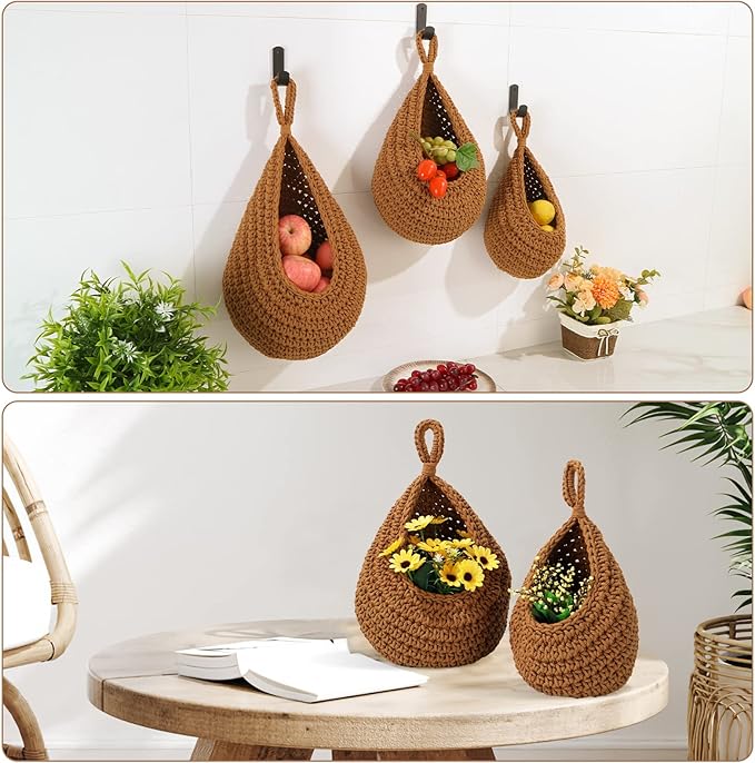 Hanging Fruit Baskets for Kitchen - 3 Pack Boho Wall Hanging Basket with 6 Pcs Strong Hooks, Handwoven Hanging Holder Teardrop Home Produce Basket for Fruits Vegetable Potato Onion Storage (Linen)