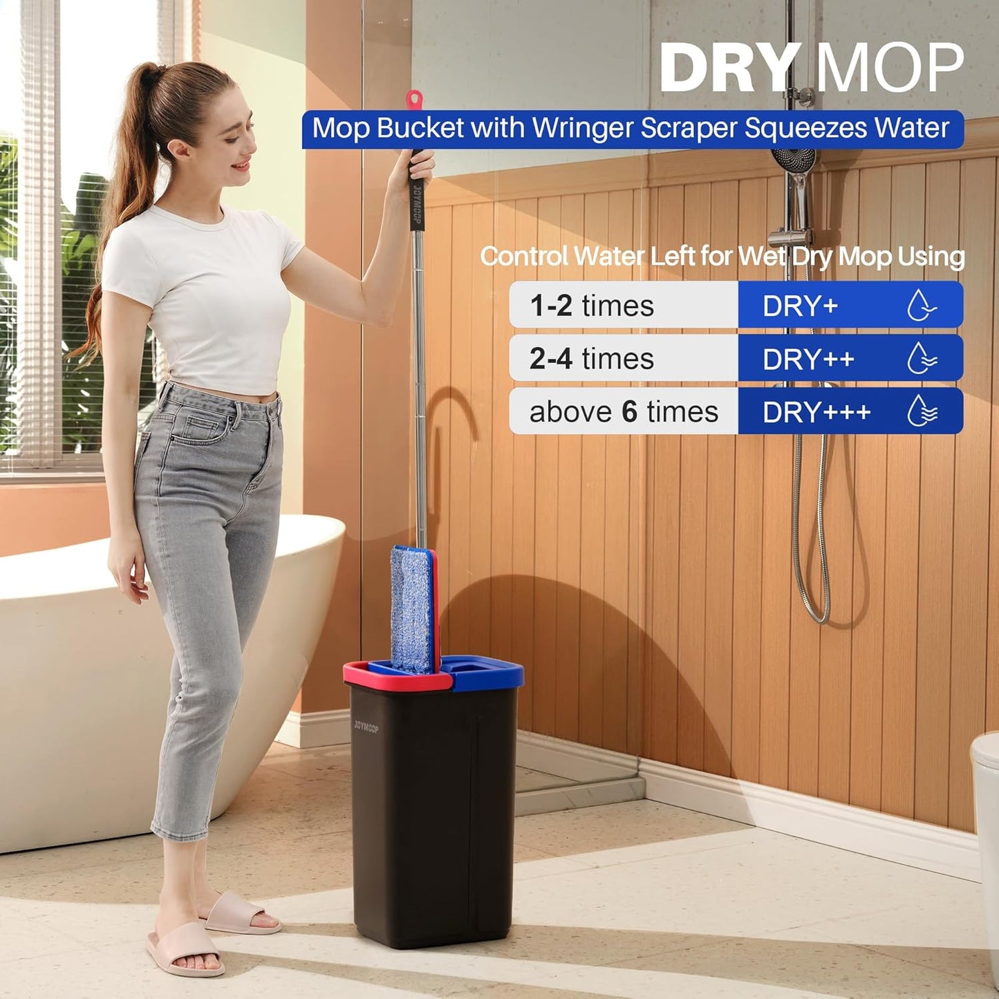 JOYMOOP Mop and Bucket Set for Home, Hands-Free Self-Cleaning System, with 5 Reusable Microfiber Mop Pads, Suitable for Floor Cleaning and Wall Cleaner - Black+Red+Slate Blue