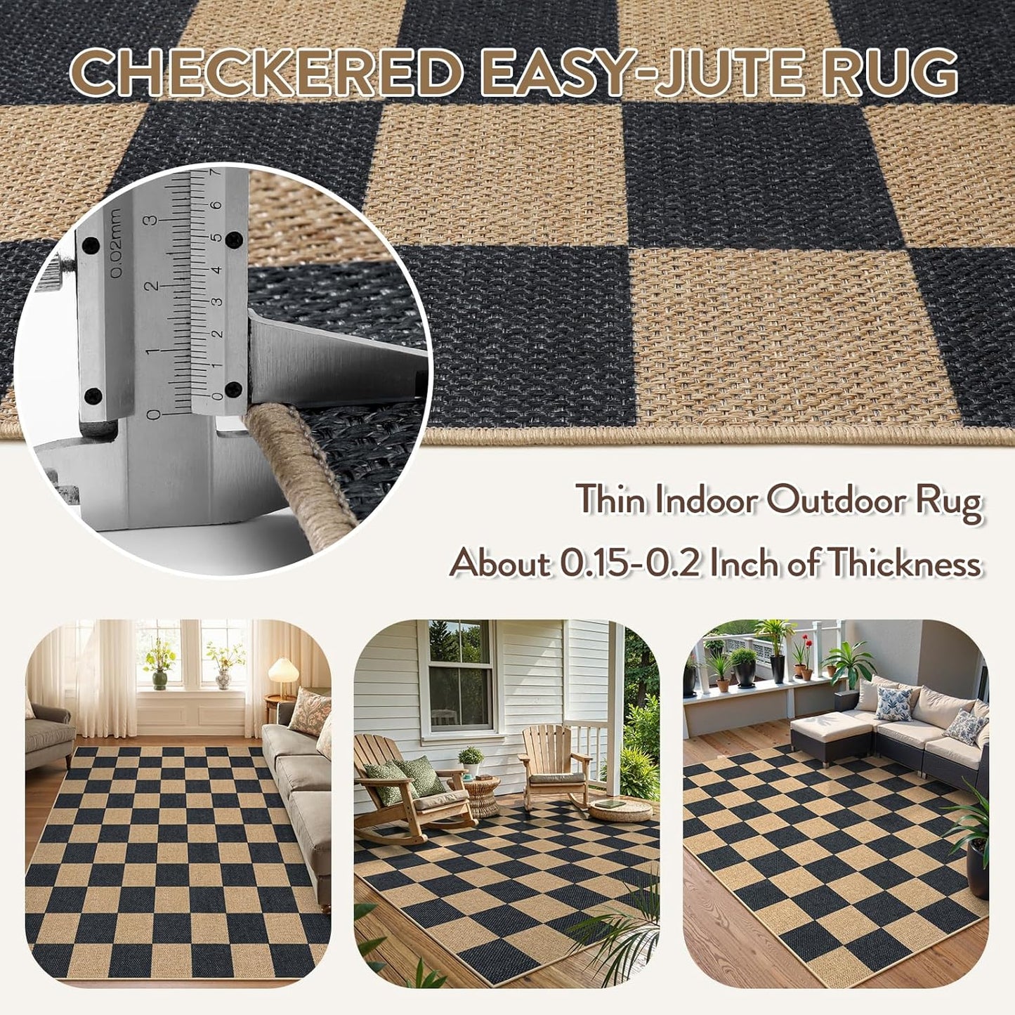 Lahome Checkered Easy Jute Area Rug, 5x7 Outdoor Patio Rug Washable Carpet for Living Room Checkerboard Indoor Outdoor Carpet, Farmhouse Geometric Non Slip Black Mat for Backyard Dining Room