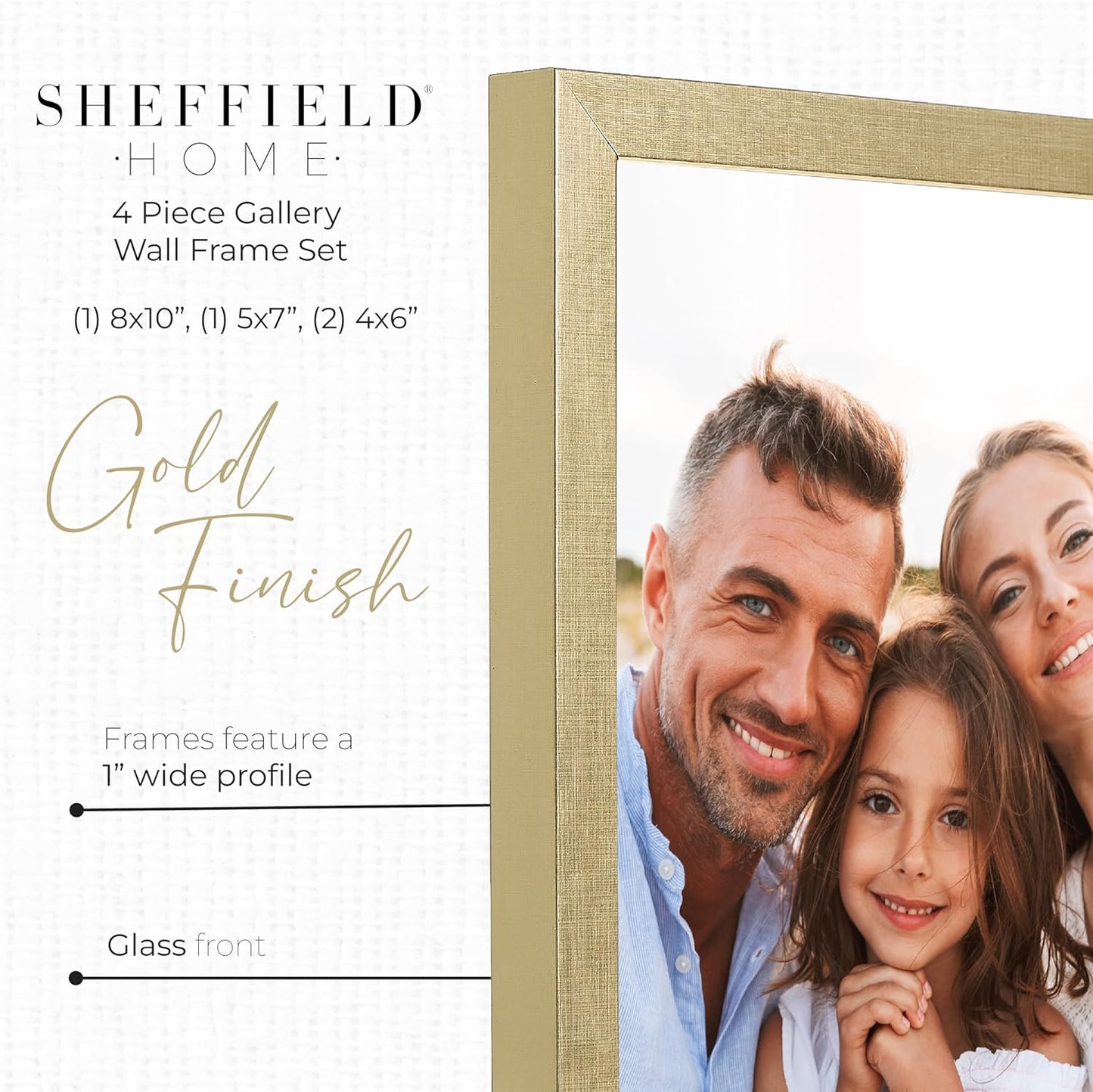 Sheffield Home 4 Piece Gallery Wall Frame Set, 8x10 Inch, 5x7 Inch, and 4x6 Inch, Gold