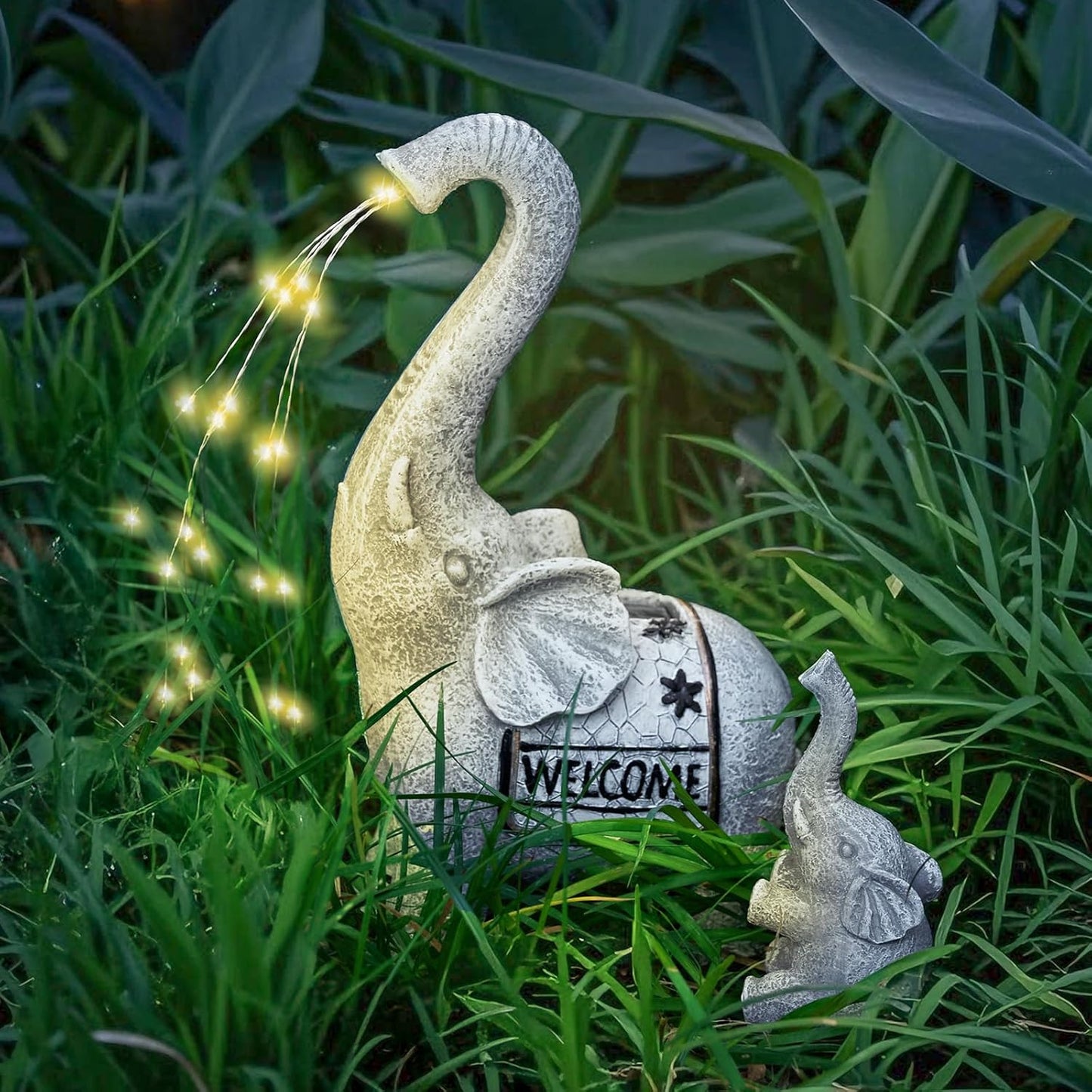 RM ROOMERS Elephant Garden Decor, 2 PCS Elephant Sculptures for Outdoor Resin Solar Elephant Statues Watering, Elephant Decor for Yard, Animal Statues for Patio, Birthday Gifts for Women