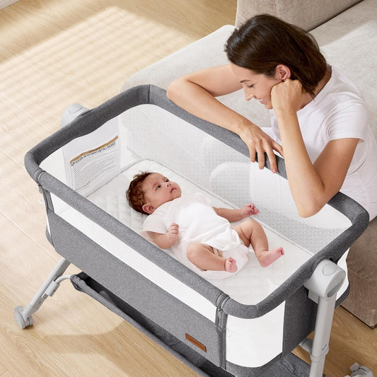 Bassinet Bedside Sleeper - All-Mesh Design, Portable Bedside Bassinet for Baby with Washable Mattress, 5 Adjustable Heights (Grey)