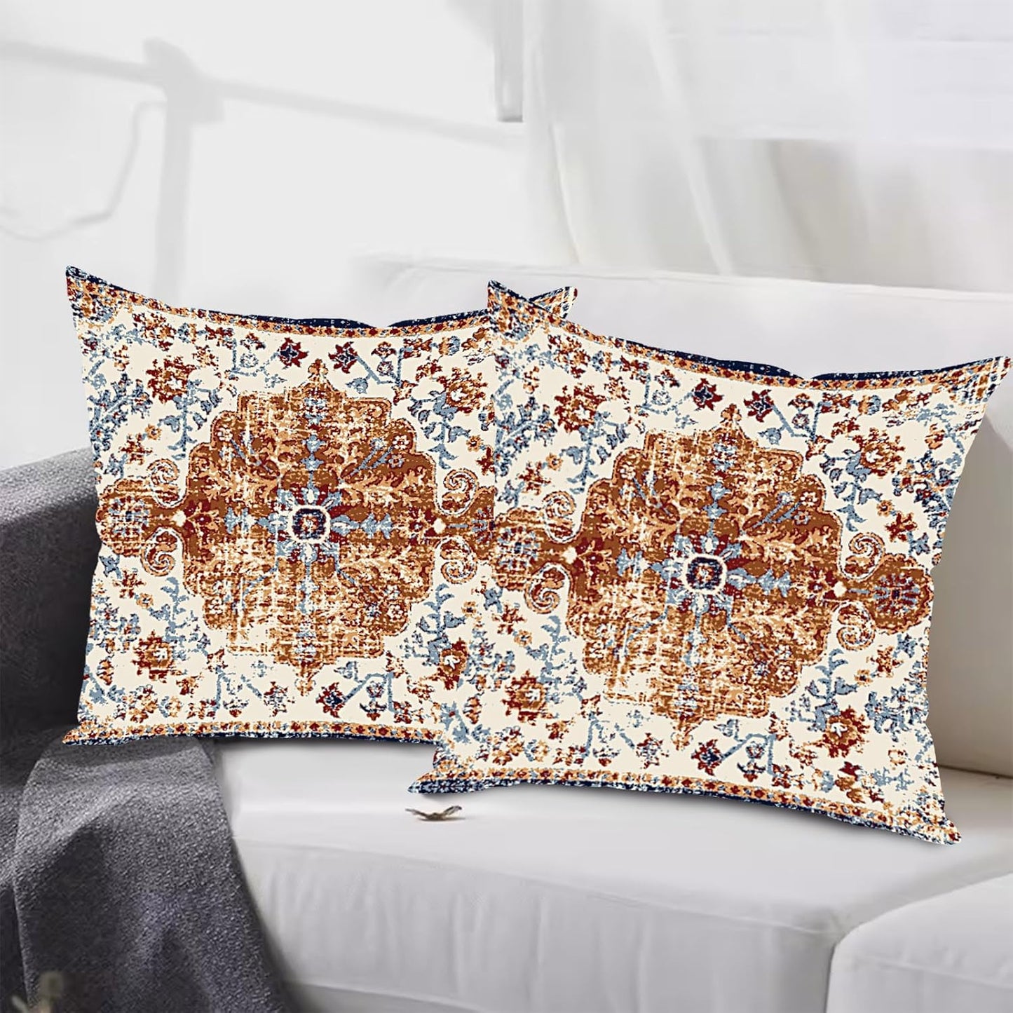 Waterproof Throw Pillow Covers 16X16 Inch Set of 2 Bohemian Vintage Carpet Pattern Brown Blue Ethnic Design Decorative Farmhouse for Couch Garden Balcony (Boho-3-1)