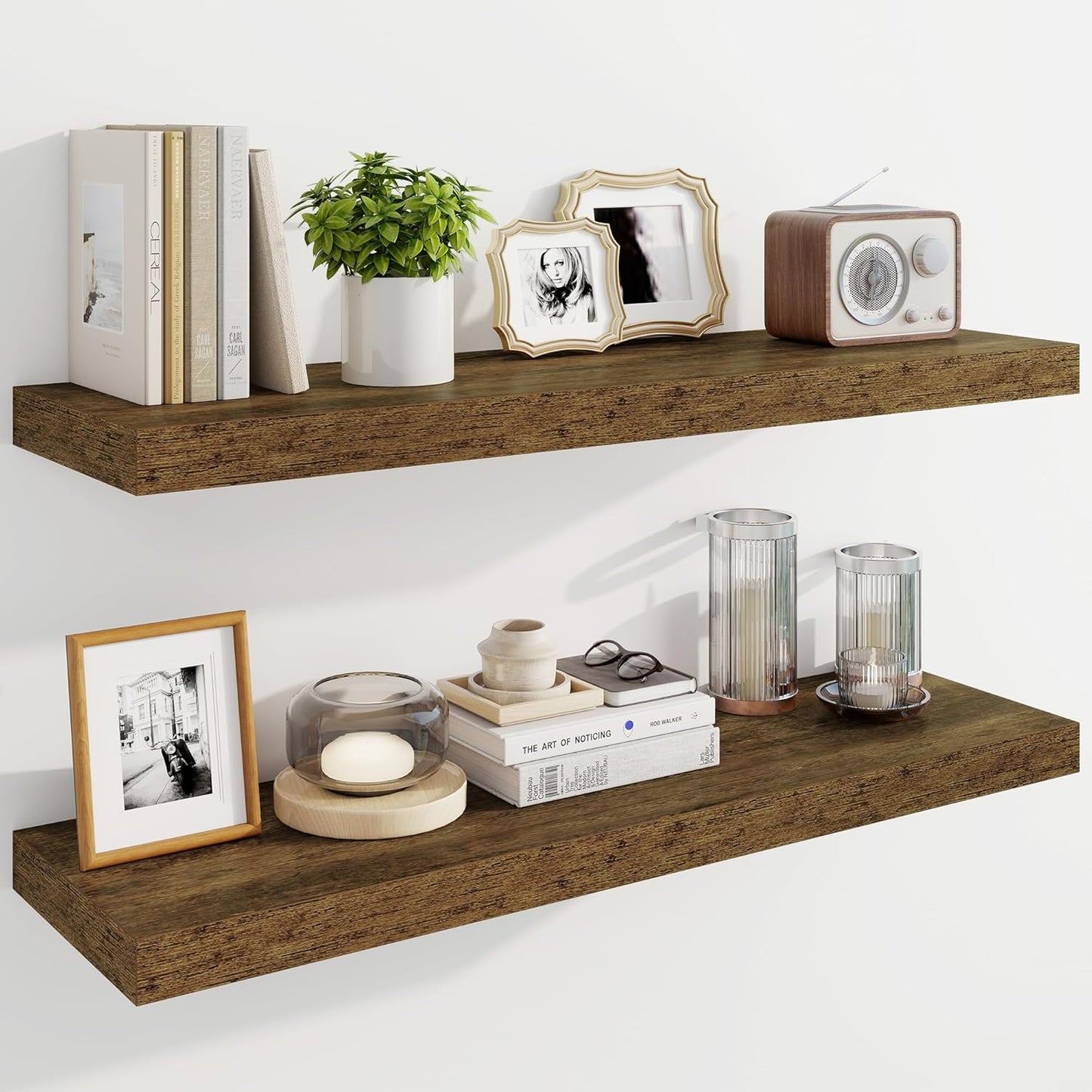 Marsmiles 36" Floating Shelves for Wall, Wooden Shelves with Invisible Brackets Set of 2, Rustic Farmhouse Wall Mounted Shelf for Kitchen Bathroom Living Room Study, Rustic Brown