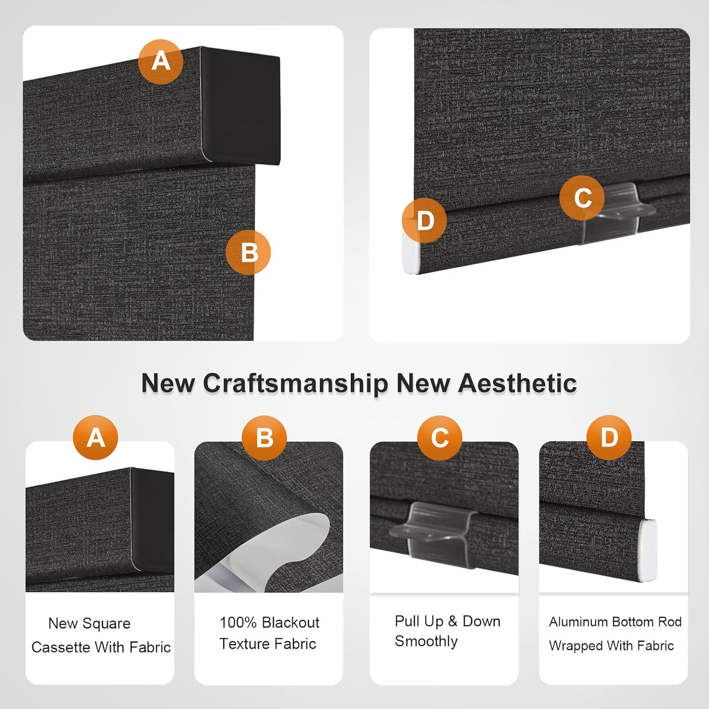 Persilux Free-Stop Cordless Blinds for Indoor Windows with Cover, Window Shades Blackout Roller Blinds, Thermal Insulated Fabric UV Protection for Kitchen, Office, Living Room, Black(47.5" W x 96" H)