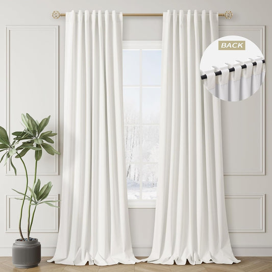 Room Darkening Curtains 96 Inches Long for Living Room Back Tab Ivory Blackout Curtains Neutral Aesthetic Linen Textured Thermal Insulated Black Out Curtain Light Blocking Drapes Off White 52x96