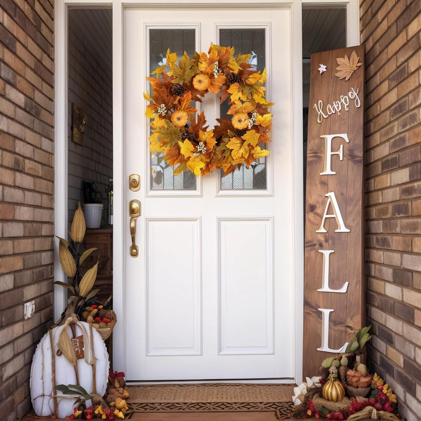 Fall Wreaths for Front Door Outside Autumn Wreath with Lights Berries Pine Cones Fall Decorations for Home Decor Pumpkin Wreath for Farmhouse Holiday Thanksgiving Harvest Halloween Outdoor