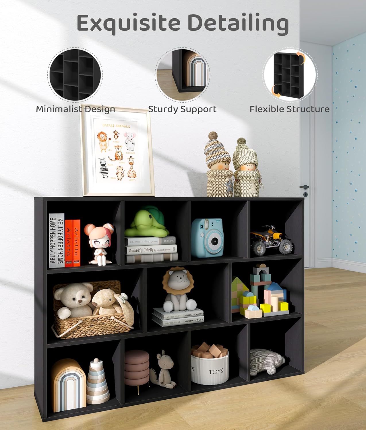 11 Cube Kids Toy Storage Organizer with Kids Shelf, Baby Bookshelf for Nursery, 3-Tier Children Wooden Bookcase, Storage Bookshelf for Classroom, Playroom, Kindergarten, Black