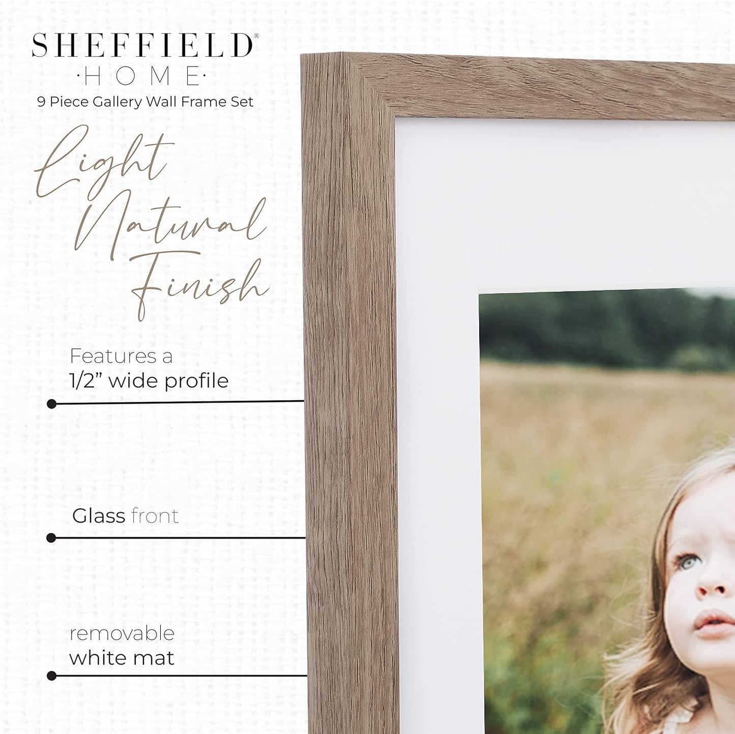 Sheffield Home 9 Piece Gallery Wall Frame Set, 11x14 Inch, Light Natural