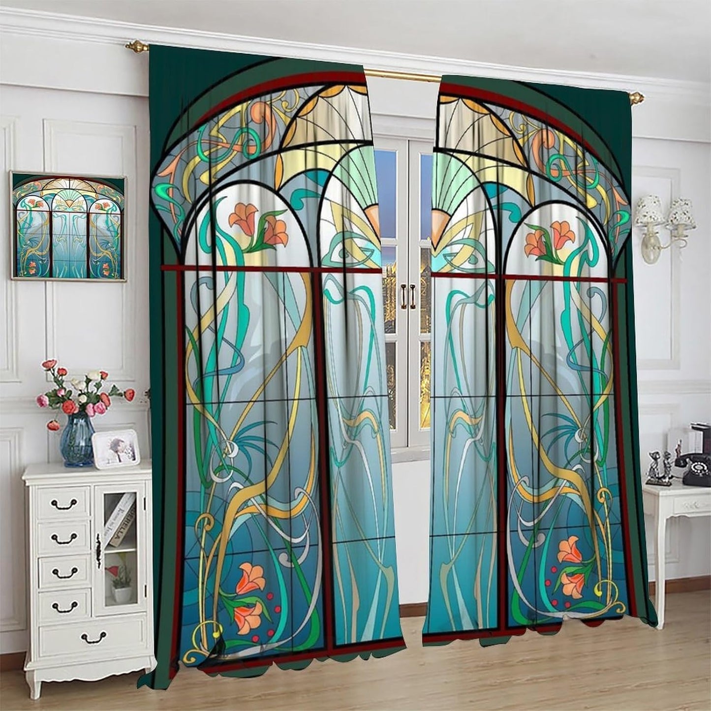 Stained Glass Curtains, Retro Mid Century Boho Abstract Art Home Decor Drapes for Bedroom Living Room Kitchen Window Treatment 2 Panels Set Total Size 55" W X 63" L Inch