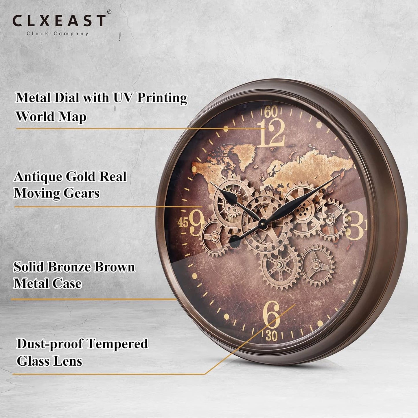 CLXEAST 24 Inch Large Wall Clock with Moving Gears, Industrial Clocks with World Map Dial, Oversized Cool Wall Clock for Living Room Decor,Oil Rubbed Bronze Brown