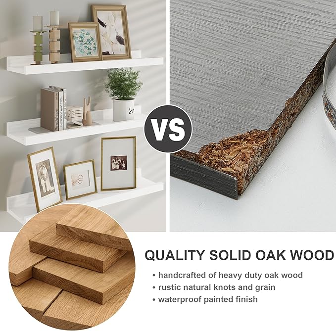 Floating Picture Ledge Shelves 36 Inch Solid Oak Wood Set of 2, Rustic Wall Storage Shelves with Lip, Kids Bookshelf, Photo & Picture Ledge Shelves for Bedroom, Living Room, Kitchen