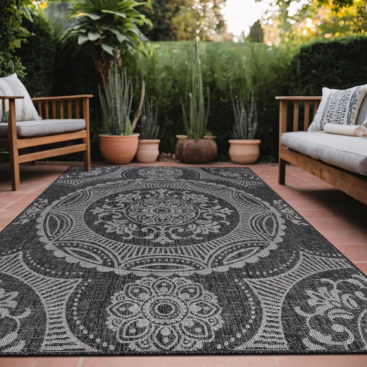 Medallion Outdoor Rug 5x7 Washable Outside Carpet for Indoor Patio Porch Waterproof Easy Cleaning Non Shedding Area Rugs Dark Gray 5 x 7