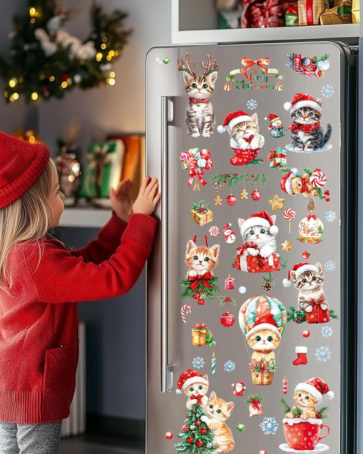 Christmas Window Clings Decorations - Cute Funny Double-Sided Static Stickers for Glass Windows and Doors, Perfect Decorations, with Cat Kitten Pattern, Reusable 9 Sheets