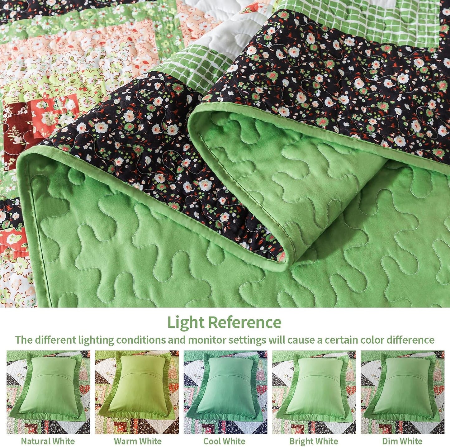 VAPUTAR Quilt Queen Size Bedding Set - Farmhouse Queen Size Bedspread Set for All Season, Lightweight Reversible Coverlet Quilt for Bedroom (90 × 98 Inch), Green