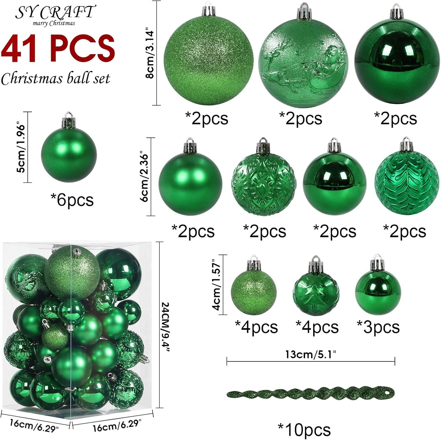 Christmas Ball Ornaments for Christmas Decorations - 41 Pieces Xmas Tree Green Shatterproof Ball Ornaments with Hanging Loop for Holiday and Seasonal Decoration