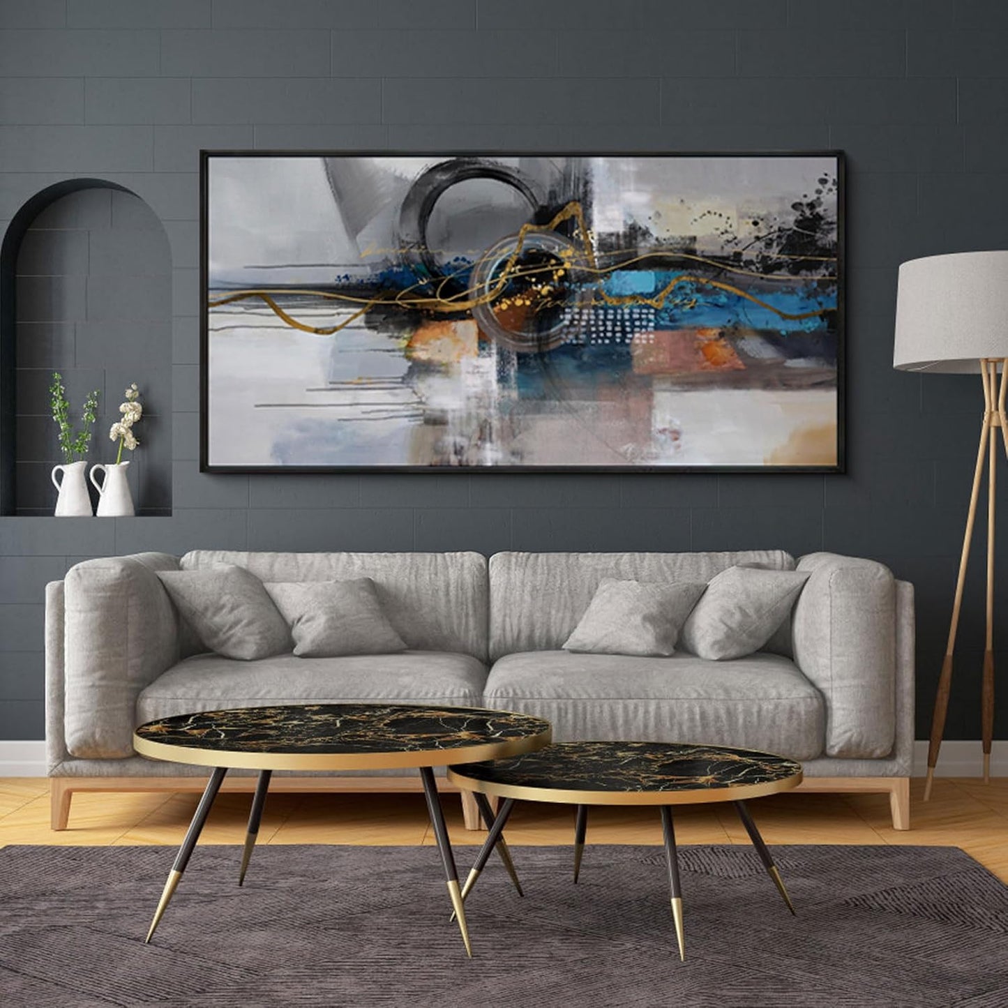 XLSJERST Large Abstract Frame Wall Art - Black and Blue Cnavas Framed Artwork for Walls Modern Minimalist Boho Gray Pictures Wall Decor for Living Room Bedroom Office Home Decoration 24x48 Inches