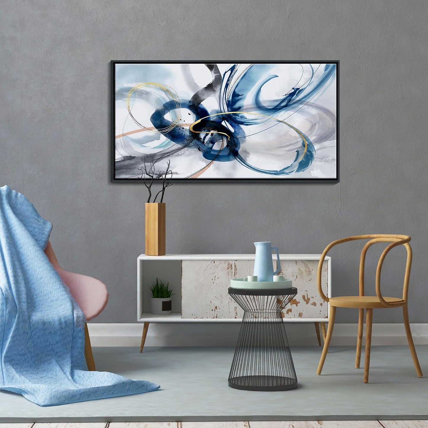 KLAKLA Modern Abstract Canvas Wall Art - Frame Wall Decor Living Room Picture Artwork for Office Bedroom Blue and White Decorative Paintings