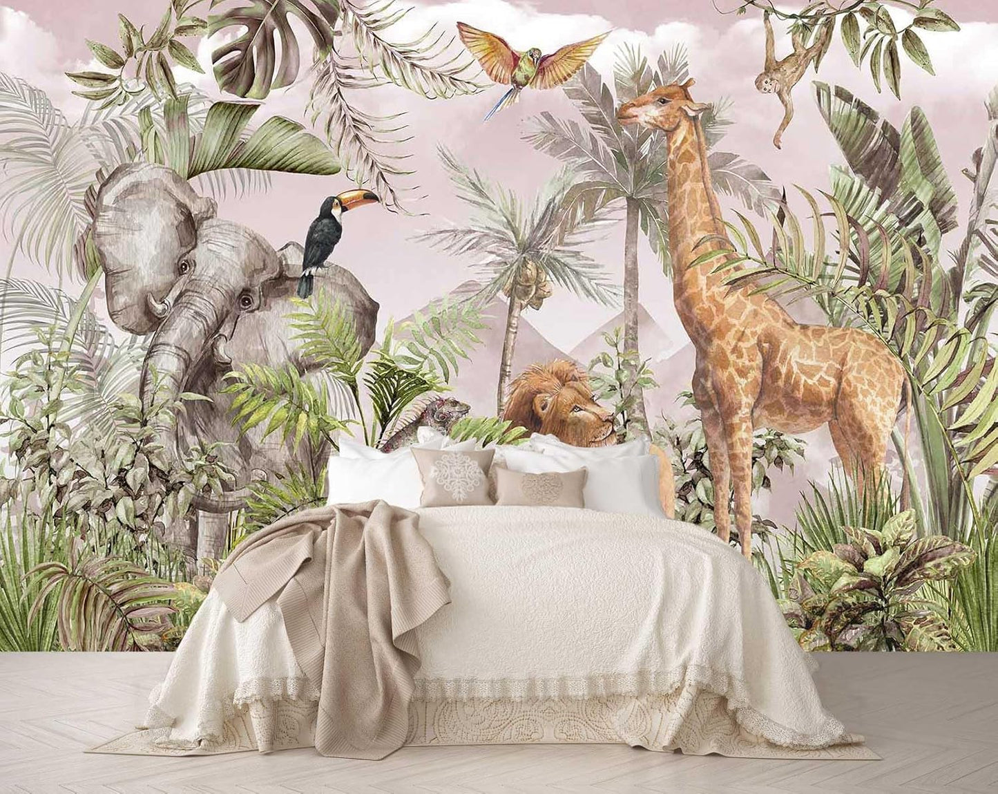 Watercolor Paintings Tropical Jungle Animals Safari Elephants Giraffes Lions Parrots Palm Leaves Hand-Painted Art Wallpaper Suitable for Children's Room Decoration Mural（Not Peel and Stick）