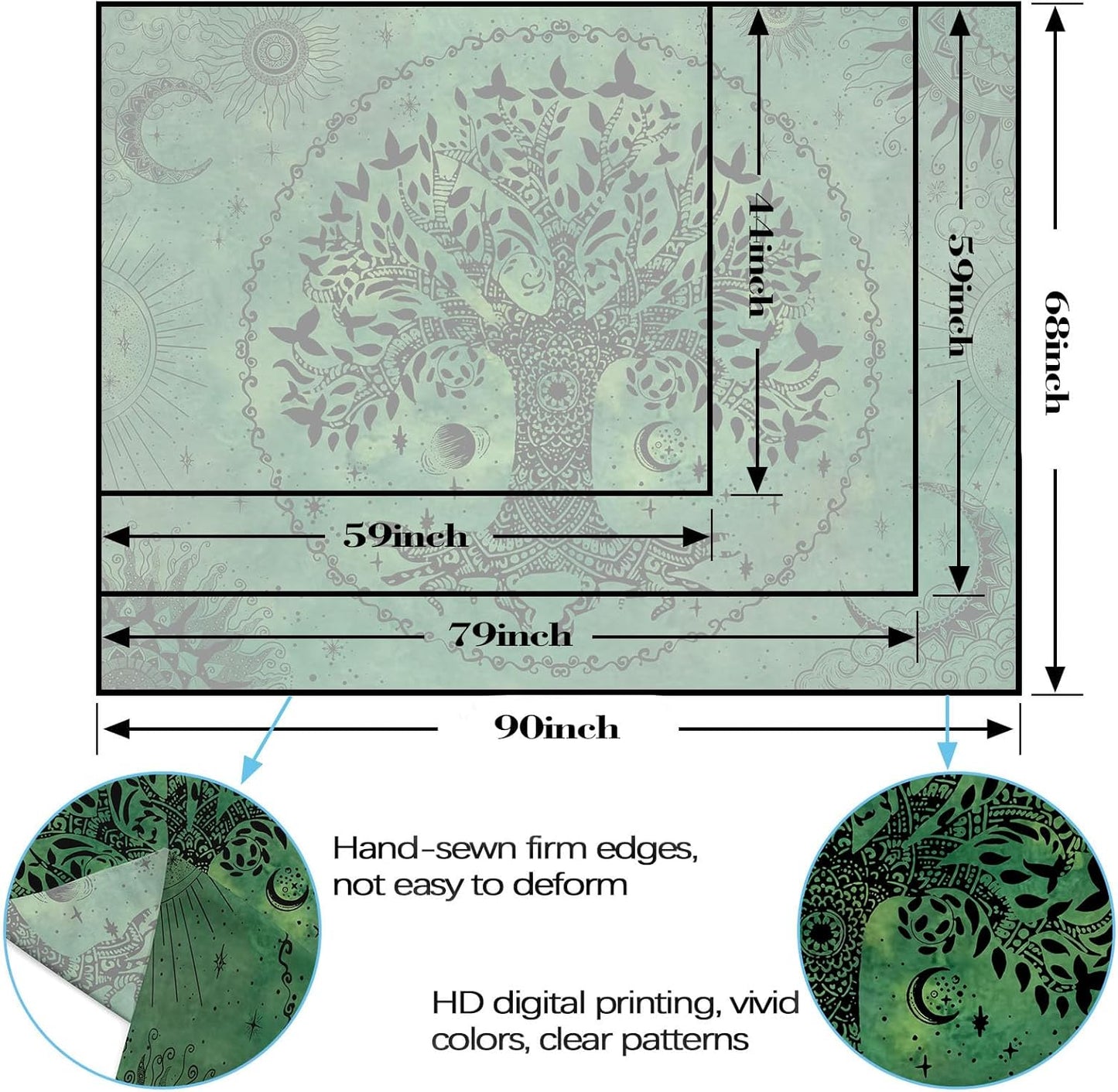 Lunerfex Tree of Life Mandala Tapestry Boho Tapestry for Bedroom Green Tapestries Wall Hanging Living Room Wall Art and Home Decor 70x90