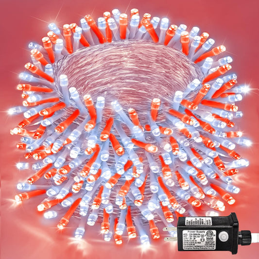 400 LED Red and White Christmas Lights Outdoor, 131ft Christmas String Lights 8 Modes Clear Wire, Plug in Waterproof Twinkle Fairy Lights for Bedroom Christmas Decorations