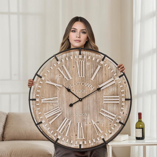 Farmhouse Wall Clock 30 Inch - Rustic Wood Metal Decor, Silent Sweep, Battery Operated for Living Room Kitchen Office, Brown