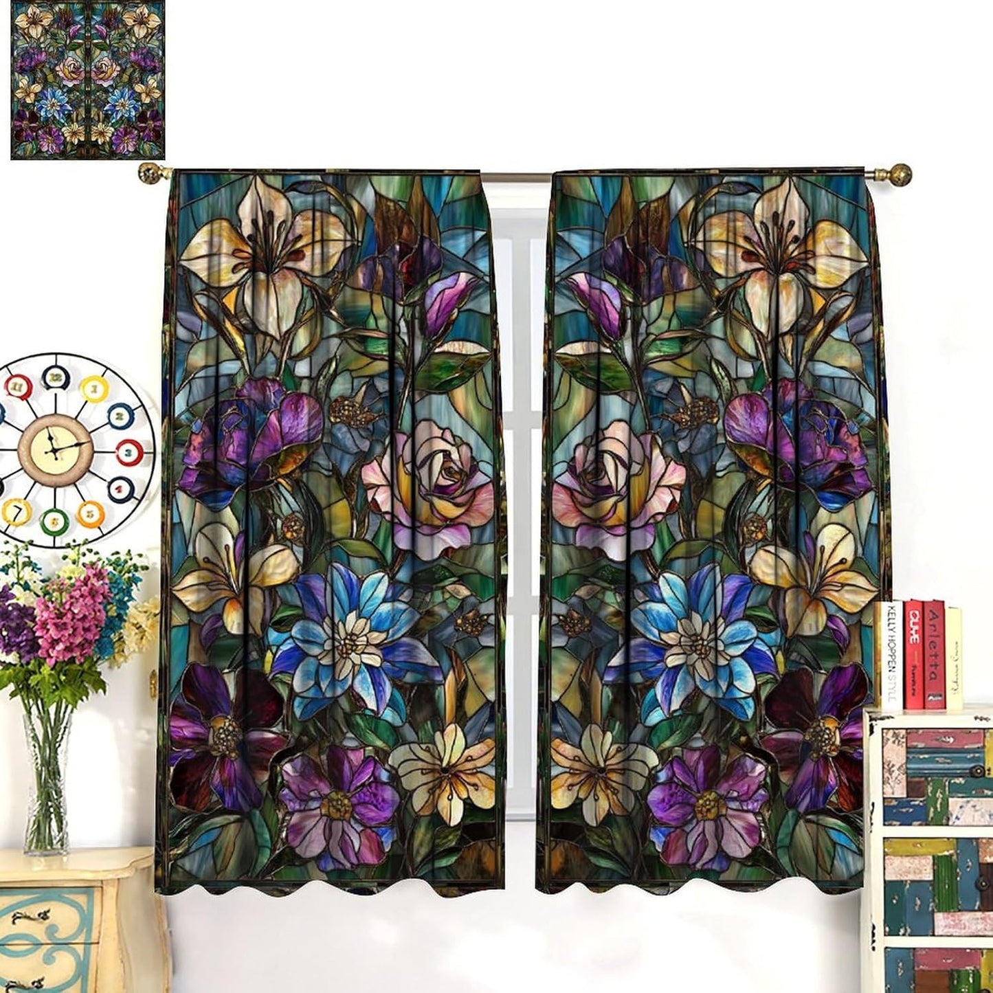 Stained Glass Curtains,Retro Colored Glass Flowers Art Home Decor Drapes for Bedroom Living Room Kitchen Window Treatment 2 Panels Set Total Size 63" W X 63" L Inch