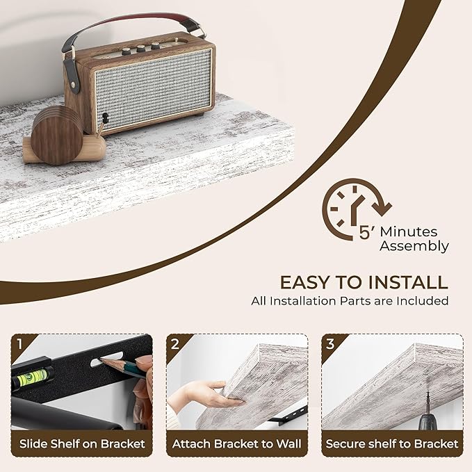 RICHFOCUS 31.5Inch Floating Shelves for Wall 2 Pack Shelves for Bedroom|Kitchen|Bathroom Wall Mounted Rustic Distressed Wood Floating Shelf with Invisible Brackets for Books|Storage|Decor, Rustic