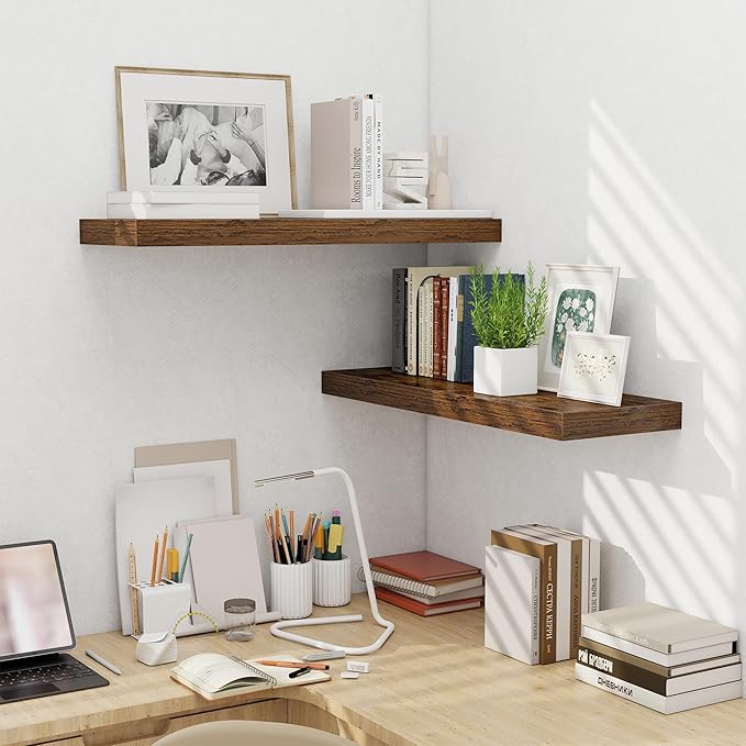 Fun Memories Floating Shelves for Wall, 32 Inch Long Floating Shelves Set of 2, 32 x 10 Wooden Shelves for Wall, Large Storage Shelves, Hanging Shelves for Bathroom Kitchen Bedroom, Rustic Brown