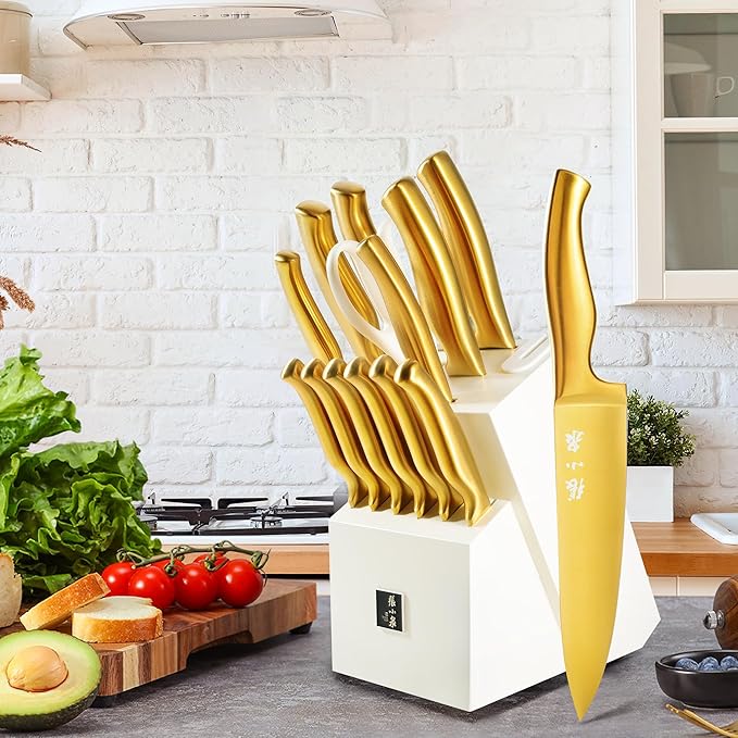 ZHANG XIAO QUAN SINCE 1628 15Pcs Knife Sets with Block, 50Cr15MoV Stainless Steel kitchen knife set with Built-in Sharpener Dishwasher Safe(Golden)