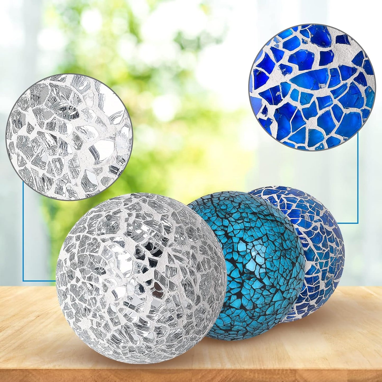 6Pcs Decorative Ball Set, 6cm/2.4inch Mosaic Glass Orbs Centerpiece Balls for Decorate Tables Wedding Party (Silver)