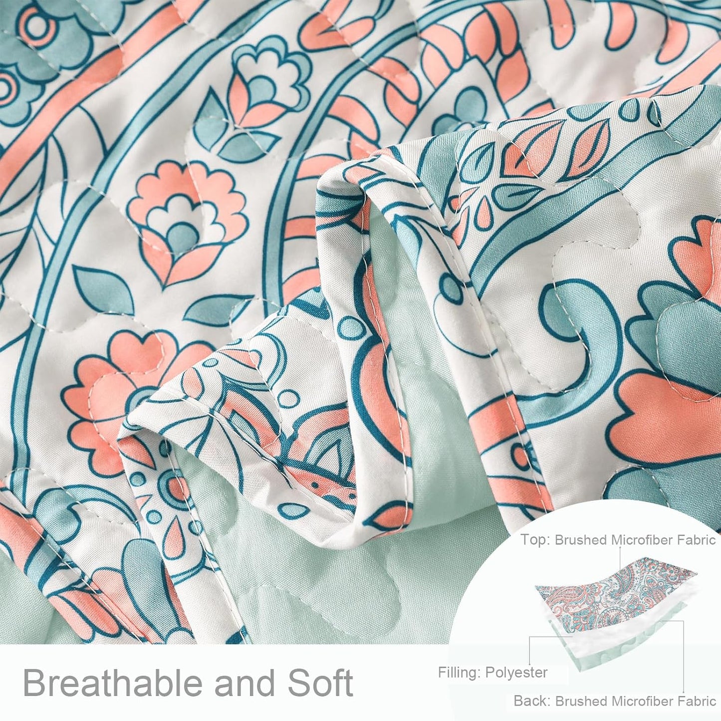 Exclusivo Mezcla Reversible Boho Quilt Set King Size, 3 Pieces Paisley Aqua All Season Bedspreads, Ultra Soft Floral Coverlet Bedding Set with Printed Pattern (1 Quilt, 2 Pillow Shams)